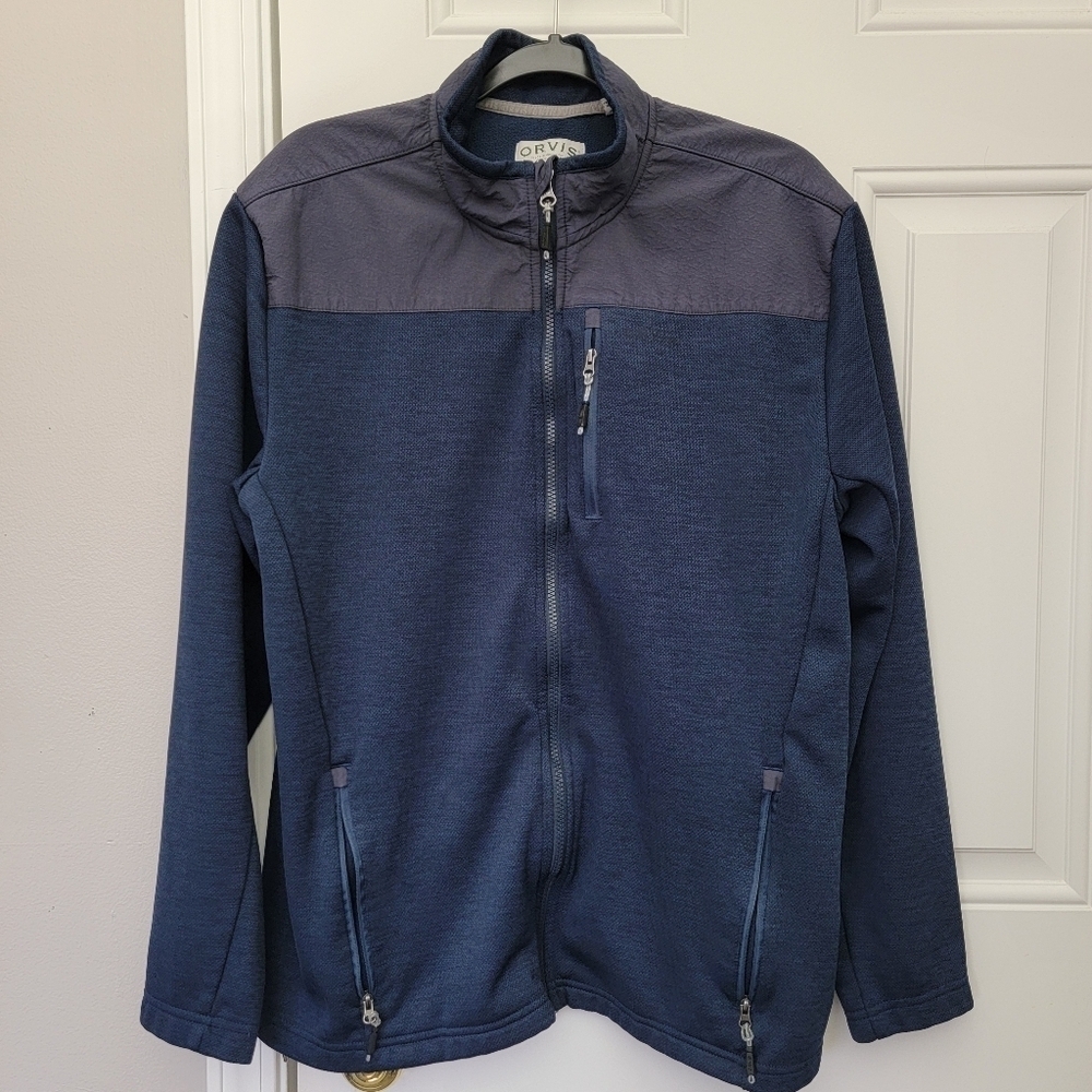 Orvis Full Zip Mens Knit Jacket Zip Pockets Navy Blue Outdoor Preppy Size L